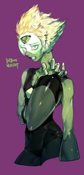 1girl artist_name black_leotard blonde_hair character_name colored_skin cropped_legs flat_chest forehead_jewel gem green_gemstone green_skin green_visor highres homeworld_gem_uniform leotard peridot_(steven_universe) pigeon666 purple_background short_hair simple_background solo steven_universe