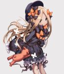  1girl abigail_williams_(fate) black_bow black_dress black_hat blonde_hair bloomers blue_eyes bow bug butterfly closed_mouth commentary dress fate/grand_order fate_(series) grey_background hair_bow hat long_hair long_sleeves looking_at_viewer orange_bow parted_bangs polka_dot polka_dot_bow shino_(eefy) simple_background sleeves_past_fingers sleeves_past_wrists solo stuffed_animal stuffed_toy teddy_bear underwear very_long_hair white_bloomers 