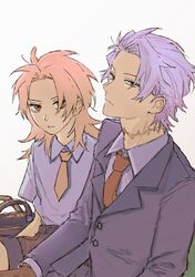  2boys black_jacket black_pants brown_gloves brown_shorts closed_mouth collared_shirt commentary_request frown gigantea_pp gloves hatsutori_hajime jacket korean_commentary long_hair long_sleeves male_focus multiple_boys necktie no_earrings pants parted_bangs pink_hair purple_hair red_eyes red_necktie saibou_shinkyoku scar scar_on_neck shirt short_hair short_sleeves shorts simple_background theodore_riddle white_background white_shirt 