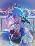  absurdres bibideba_(hololive) blue_dress blue_eyes blue_hair blurry blurry_background blush bokeh breasts city_lights collarbone commentary_request depth_of_field dress elbow_gloves fur_sleeves gloves high_heels highres holding holding_clothes holding_footwear hololive hoshimachi_suisei ivuki light_particles medium_hair night one_eye_closed skyline small_breasts smile sparkle star_(symbol) star_in_eye symbol_in_eye teeth tiara unworn_footwear virtual_youtuber white_dress white_gloves 