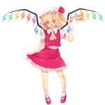  1girl ascot blonde_hair bow chacapoco crystal_wings dress flandre_scarlet frilled_dress frills full_body hat hat_bow highres mary_janes open_mouth puffy_short_sleeves puffy_sleeves red_eyes shoes short_sleeves simple_background solo touhou white_background white_mob_cap yellow_ascot 