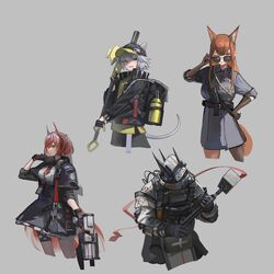 1other 3girls ;p absurdres animal_ear_fluff animal_ears arknights arm_up baseball_cap belt black_belt black_gloves black_hat black_jacket black_skirt blue_eyes brown_gloves brown_hair brown_tail click_(arknights) closed_mouth collared_shirt concept_art cross ears_through_headwear elbow_gloves fiammetta_(arknights) fox_ears fox_girl fox_tail franka_(arknights) gloves grey_background grey_hair grey_shirt grey_skirt grey_tail hair_between_eyes hammer hand_on_own_hip hand_up hat high_collar highres holding holding_hammer holding_weapon jacket kusami_toka_naku_au long_hair looking_ahead looking_at_viewer mudrock_(arknights) multiple_girls one_eye_closed open_clothes open_jacket open_mouth orange_eyes orange_hair profile removing_eyewear shirt short_hair simple_background sketch skirt sledgehammer sleeves_rolled_up strap sunglasses tail tongue tongue_out weapon white_shirt yellow_eyes yellow_shirt 