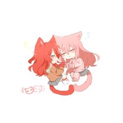  2girls animal_ears blush bocchi_the_rock! brown_shirt cat_ears cat_girl cat_tail closed_eyes closed_mouth full_body furrification furry furry_female gotoh_hitori grey_skirt hair_between_eyes jacket kita_ikuyo long_hair long_sleeves lying multiple_girls on_side pants pants_under_skirt parted_lips pink_hair pink_jacket pink_pants pink_track_suit pleated_skirt rebecca_(keinelove) red_fur redhead sailor_collar school_uniform serafuku shirt single_vertical_stripe skirt sleeping squeans tail whiskers white_sailor_collar 