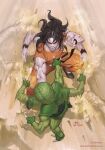  1boy 1other alien artist_name black_hair claws colored_skin commentary dragon_ball dragon_ball_z english_commentary fighting green_skin highres in-hyuk_lee male_focus muscular outdoors overhead pointy_ears saibaiman sand yamcha 