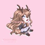  1girl absurdres animal_ears antlers apron black_dress chibi deer_antlers deer_ears deer_girl dress frilled_dress frills from_side full_body highres horns long_hair open_mouth original persepholeeh pink_background plaid plaid_apron simple_background solo violet_eyes 