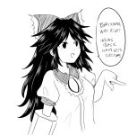  1girl arm_cannon bow commentary dr._addamelech english_commentary english_text greyscale hair_bow long_hair monochrome open_mouth reiuji_utsuho solo speech_bubble third_eye touhou upper_body weapon 