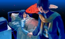  2boys bed blue_hair blue_jacket blurry blurry_foreground collared_shirt crying eoo_(modali) fish freckles fu_shun_(touqi_guaitan) goldfish gradient_background hand_on_another&#039;s_hand highres hospital_bed jacket multiple_boys open_clothes open_jacket scarf shirt striped_clothes striped_shirt touqi_guaitan under_covers white_shirt yellow_scarf ziche_fuzhao 