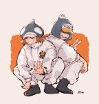  2boys akuta_ji black_footwear covered_eyes full_body hat jumpsuit male_focus multiple_boys one_piece orange_background penguin_(one_piece) shachi_(one_piece) short_hair signature simple_background smile squatting teeth upper_teeth_only v white_jumpsuit 