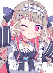  1girl absurdres apron black_bow blue_ribbon blush bow choker closed_mouth double_v grey_hair hair_ornament hair_ribbon hands_up heart heart_choker heart_hair_ornament highres long_hair long_sleeves looking_at_viewer makaino_ririmu morumoru_x multicolored_hair nail_polish nijisanji one_eye_closed pink_hair pink_nails pointy_ears red_eyes ribbon simple_background smile solo streaked_hair two-tone_hair two_side_up v virtual_youtuber white_apron white_background 