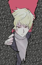  1boy atou_haruki black_jacket blonde_hair closed_mouth commentary_request fourth_wall frown gigantea_pp grey_sweater jacket korean_commentary male_focus open_clothes open_jacket red_eyes saibou_shinkyoku short_hair solo sweater turtleneck turtleneck_sweater 