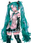  aqua_eyes aqua_hair aqua_necktie black_sleeves black_thighhighs colored_skin cowboy_shot detached_sleeves hatsune_miku light_smile long_hair mettaflix necktie pink_skin skirt smile solo thigh-highs very_long_hair vocaloid white_background 