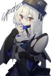  absurdres arknights black_dress capelet dress ghost_(tama) grey_capelet grey_hair highres long_hair nun red_eyes shark signature simple_background specter_(arknights) very_long_hair white_background 