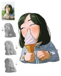  1girl black_eyes buttons child collared_shirt commentary cropped_torso derivative_work english_commentary eyelashes food half-closed_eyes highres holding holding_food holding_ice_cream holding_ice_cream_cone how_to ice_cream ice_cream_cone light_blush long_sleeves nose original ramon_nunez reference_inset screenshot_redraw shirt simple_background solo striped_clothes striped_shirt thick_eyebrows vertical-striped_sleeves white_background white_shirt white_sleeves 
