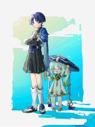  1boy 1girl age_difference alternate_headwear border cape_tug child clouds cosplay costume_switch eyarism full_body genshin_impact gradient_background height_difference nahida_(genshin_impact) outside_border scaramouche_(genshin_impact) standing sun_symbol unworn_headwear wanderer_(genshin_impact) white_border 