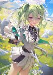 1girl bird clouds cloudy_sky gauntlets gloves green_hair hair_between_eyes hand_up long_sleeves looking_at_viewer medium_hair multicolored_eyes open_mouth outdoors single_gauntlet single_glove skirt sky smile solo standing stellive sword teeth twintails upper_teeth_only virtual_youtuber weapon white_gloves white_skirt ye_jji yuzuha_riko 