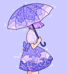  1girl back_bow blunt_ends bow cloud_print collared_shirt commentary constellation_print cowboy_shot crescent_print emily_kim english_commentary frilled_shirt_collar frilled_sleeves frills holding holding_umbrella instagram_username looking_afar miniskirt original planet planetary_ring puffy_short_sleeves puffy_sleeves purple_background purple_bow purple_hair purple_shirt purple_skirt purple_theme purple_umbrella shirt short_hair short_sleeves simple_background skirt solo space_print sparkle starry_sky_print umbrella wave_print 