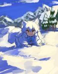  1girl all_fours animal_ears arctic_fox_(kemono_friends) blue_bow blue_bowtie blue_sky bow bowtie brown_eyes capelet clouds commentary_request day fox_ears fox_girl fox_tail full_body gloves hair_between_eyes kemono_friends long_hair looking_at_viewer mountainous_horizon outdoors pleated_skirt rumenia_(ao2is) skirt sky snow solo tail tree white_capelet white_gloves white_hair 