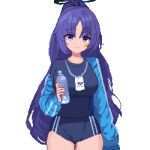  1girl black_halo blue_archive blue_buruma blue_jacket blue_shirt bottle breasts buruma commentary_request gym_shirt gym_uniform halo highres holding holding_bottle id_card jacket jacket_partially_removed lanyard large_breasts long_hair looking_at_viewer official_alternate_costume pixel_art ponytail purple_hair shirt simple_background solo star_sticker sticker_on_face tinia_etru track_jacket very_long_hair violet_eyes water_bottle white_background yuuka_(blue_archive) yuuka_(track)_(blue_archive) 