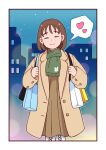  1girl aragon_honnin bag blush brown_coat brown_hair closed_mouth coat earrings green_scarf handbag heart highres holding holding_bag jewelry original scarf shopping_bag short_hair smile solo speech_bubble spoken_heart 