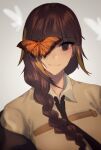  1girl black_jacket black_necktie brown_eyes brown_hair bug butterfly closed_mouth eyepatch girls_frontline highres jacket long_hair looking_at_viewer m16a1_(girls&#039;_frontline) mole mole_under_eye multicolored_hair necktie scar shirt simple_background smile solo xanax025 yellow_shirt 