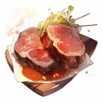  food food_focus meat napkin no_humans original polaris54 sauce steak still_life tray white_background wooden_tray 