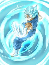  absurdres aura blue_eyes blue_hair blue_pants blue_sash blue_shirt boots dougi dragon_ball dragon_ball_super full_body gloves glowing highres kazumax76 muscular muscular_male orange_shirt pants sash shirt short_sleeves sleeveless sleeveless_shirt super_saiyan super_saiyan_blue vegetto white_footwear white_gloves 