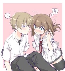  ! 1boy 1girl ? @_@ absurdres black_pants black_thighhighs blush border brown_hair closed_mouth collared_shirt commentary cross_print embarrassed eye_contact fang feet_out_of_frame flying_sweatdrops folded_ponytail food food_in_mouth frilled_skirt frills frown green_eyes grey_eyes hand_up hetero highres incoming_pocky_kiss kneeling light_brown_hair looking_at_another mamiya_takuji medium_hair miniskirt motion_lines necktie nose_blush pants pink_background pocky pocky_day pocky_in_mouth red_necktie rialickpero school_uniform shirt short_hair short_sleeves simple_background sitting skin_fang skirt speech_bubble spoken_exclamation_mark spoken_question_mark subarashiki_hibi sweatdrop tachibana_kimika thigh-highs white_border white_shirt wide-eyed zettai_ryouiki 