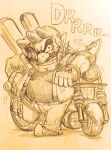  1boy big_nose cleft_chin facial_hair gloves grin highres leaning_against_motorcycle motor_vehicle motorcycle mustache pants pointy_ears shirt sketch smile thick_eyebrows traditional_media wario warioware yamato_koara 