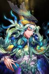  1boy black_background blue_feathers blue_hair blue_horns chinese_clothes curled_horns eyeshadow fate/grand_order fate_(series) feathers forehead_jewel gem gold_trim green_eyeshadow green_gemstone green_hair green_hat green_pupils grin guan_hat hair_tubes hat highres horns long_hair long_sleeves looking_at_viewer makeup male_focus multicolored_hair parted_lips red_eyes red_eyeshadow shi_huang_di_(fate) smile tenobe two-tone_hair upper_body very_long_fingernails white_feathers white_horns 