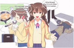  1girl blush braid brown_eyes cooking english_text gigantic_drive hair_between_eyes hood hoodie inkerton-kun long_bangs looking_at_viewer misaki_nanao tasting twin_braids yellow_hoodie 