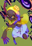  +_+ 1girl absurdres arms_up asymmetrical_hair baggy_pants bare_shoulders blonde_hair character_name clothing_cutout colored_eyelashes colored_skin commentary crop_top dark-skinned_female dark_skin earrings fangs forehead frye_(splatoon) full_body gradient_hair hagoromo hair_ornament happy highres inkling jewelry killer_wail_5.1_(splatoon) kuroron_(kuro_ron) leaning_forward leg_up looking_at_viewer midriff multicolored_hair multicolored_skin multiple_earrings object_on_head open_mouth orange_pupils pants pointy_ears purple_hair purple_skin purple_socks see-through shawl shirt sleeveless sleeveless_shirt smile socks solo speaker splatoon_(series) splatoon_3 standing standing_on_one_leg teeth toeless_legwear translated two-tone_hair two-tone_skin white_pants x_hair_ornament yellow_eyes yellow_shawl yellow_shirt 