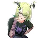  1girl antler_ribbon antlers black-framed_eyewear black_ribbon black_shirt bob_cut bra_strap ceres_fauna ceres_fauna_(goth) flower glasses goth_fashion gradient_hair green_hair hair_flower hair_ornament hair_over_one_eye hairclip hand_on_own_neck highres hololive hololive_english horns jewelry leaf lens_flare looking_at_viewer multicolored_hair necklace official_alternate_costume ribbon shirt short_hair short_sleeves simple_background solo sweater_partially_tucked_in t-shirt tree_horns vinty_(einstein_chan) virtual_youtuber white_background white_flower yellow_eyes 