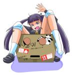  1girl ace_attorney bandaid bandaid_on_leg black_footwear blush box bulldog_clip commentary_request hair_ornament in_box in_container knee_pads misutake_sakusesu_seikou myriam_scuttlebutt open_mouth phoenix_wright:_ace_attorney_-_dual_destinies purple_hair sailor_collar school_uniform shoes single_shoe solo sweat themis_legal_academy_school_uniform translation_request twintails violet_eyes 