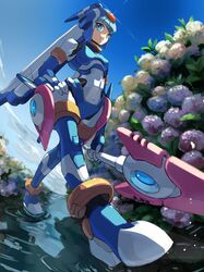  1girl absurdres adapted_costume alternate_design android armor blue_armor blue_helmet blue_sky fairy_leviathan_(mega_man) flower forehead_jewel full_body glint helmet highres holding holding_polearm holding_weapon mechanical_parts mega_man_(series) mega_man_zero_(series) omochi_(mochi_skymega) polearm robot_girl sky solo spear standing standing_on_liquid weapon 