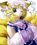  1girl animal_ears blonde_hair blue_tabard blush blush_stickers closed_mouth dress fox_ears fox_tail hands_in_opposite_sleeves hat kitsune long_sleeves mob_cap multiple_tails one_eye_closed pout short_hair solo tabard tail touhou white_background yakumo_ran yakumora_n yellow_eyes zun_(style) 