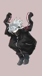  1boy absurdres ahoge alternate_costume black_jacket black_pants brown_background commentary_request covered_mouth curled_up danganronpa_(series) danganronpa_v3:_killing_harmony full_body grey_footwear hair_between_eyes highres hugging_own_legs jacket jersey k1-b0 looking_at_viewer male_focus mi_cha_iru pants shoes short_hair simple_background solo sweatpants turtleneck turtleneck_jacket white_hair zipper zipper_pull_tab 