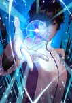  1boy arjuna_(fate) black_eyes black_hair dark-skinned_male dark_skin elbow_gloves fate/grand_order fate_(series) gloves glowing hair_between_eyes hiiragi46pa indian_clothes looking_at_viewer male_focus orb short_hair smile solo white_gloves 