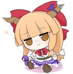  belt blonde_hair blouse blush bow brown_horns chibi fumo_(doll) gourd hair_bow horn_ornament horn_ribbon horns ibuki_suika long_hair nose_blush purple_ribbon purple_skirt red_bow rei_(tonbo0430) ribbon ribbon-trimmed_skirt ribbon_trim shirt shoes sidelocks skirt sleeveless smile touhou white_background white_shirt wrist_cuffs yellow_eyes 