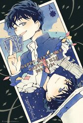 2boys black_hair black_jacket black_shirt card character_name closed_mouth collared_shirt crossed_bangs dated dual_persona gakuran gun hair_between_eyes happy_birthday hat highres holding holding_card holding_gun holding_weapon jacket joker_(playing_card) kaitou_kid kuroba_kaito male_focus meitantei_conan multiple_boys necktie one_eye_closed open_mouth playing_card red_necktie school_uniform shirt short_hair smile suit suit_jacket tamagodamaco top_hat twitter_username upper_body weapon white_hat white_suit 
