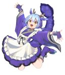  1girl apron blue_hair dragon_girl dragon_horns dragon_tail dress duel_monster full_body gloves highres horns laundry_dragonmaid long_sleeves maid maid_apron multicolored_hair open_mouth pinyata_(pinyaland) short_hair smile tail wa_maid white_background yellow_eyes yu-gi-oh! 