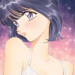  1990s_(style) 1girl album_cover black_hair blush camisole collarbone cover highres looking_to_the_side original parted_lips pink_lips portrait retro_artstyle short_hair solo space star_(sky) violet_eyes white_camisole yue_(yung_n_dum_) 