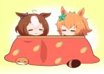  2girls :3 ahoge animal_ears blush_stickers brown_hair carrot_print cat chibi closed_eyes closed_mouth facing_viewer food_print gomashio_(goma_feet) gradient_background green_ribbon hair_between_eyes hair_ornament hair_ribbon hairband horse_ears kotatsu meisho_doto_(umamusume) multicolored_hair multiple_girls orange_hair pink_hairband ponytail ribbon star_(symbol) star_hair_ornament table taiki_shuttle_(umamusume) tanuki two-tone_hair umamusume white_background white_hair yellow_background 