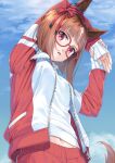  1girl animal_ears arm_behind_head arm_up blue_sky bow breasts brown_hair clouds commentary_request day glasses gym_shirt horse_ears horse_girl horse_tail jacket long_sleeves looking_at_viewer miri_(ago550421) multicolored_hair navel open_mouth outdoors pants red-framed_eyewear red_bow red_eyes red_jacket red_pants shirt short_hair sky sleeves_past_wrists small_breasts solo stretching sweat tail track_jacket track_pants track_suit transcend_(umamusume) two-tone_hair umamusume white_hair white_shirt 