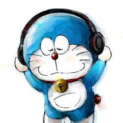  1boy absurdres bell closed_eyes collar doraemon doraemon_(character) headphones highres jingle_bell mochizuki_tagosaku red_collar red_nose smile solo white_background 