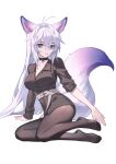  1girl absurdres ahoge animal_ears antenna_hair barefoot belt black_choker black_pantyhose black_shirt breasts choker collarbone collared_shirt dress_shirt extra_ears feet fingernails fox_ears fox_girl fox_tail hair_between_eyes hair_intakes highres kirby_d_a long_hair long_sleeves looking_at_viewer open_mouth original pantyhose shirt simple_background sitting sleeves_rolled_up smile solo tail thighs toes very_long_hair violet_eyes white_background white_hair 