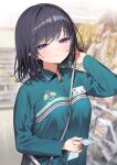  1girl absurdres bag black_hair blurry blurry_background blush breasts character_name closed_mouth collared_jacket commentary_request convenience_store green_jacket highres holding holding_paper id_card indoors itohana jacket long_sleeves looking_at_viewer medium_hair original paper shop smile solo standing translation_request violet_eyes 