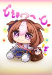  1girl ahoge animal_ears between_breasts blush_stickers breasts brown_hair character_doll doqute_stuffed_doll ear_ribbon full_body gloves hair_between_eyes hairband horse_ears horse_girl horse_tail large_breasts long_sleeves looking_at_viewer marusan_(marusant03) meisho_doto_(umamusume) multicolored_hair open_mouth pink_hairband puffy_sleeves ribbon short_hair skirt standing strap_between_breasts tail two-tone_hair umamusume violet_eyes white_gloves white_hair 