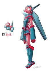  1boy blue_footwear blue_shorts colored_skin commentary from_side full_body glowing glowing_eyes highres looking_at_viewer male_focus personification pokemon pokemon_(creature) porygon red_skin reference_inset robot shorts simple_background tamtamdi translated white_background 