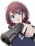  1girl blue_eyes blue_sweater_vest blush brown_hair commentary_request finger_on_trigger girls_band_cry gujin_(tp_acid) gun handgun holding holding_gun holding_weapon iseri_nina looking_at_viewer low_twintails open_mouth short_hair short_twintails solo sweater_vest twintails weapon 