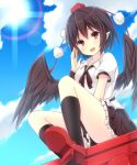  1girl bird_wings black_hair black_ribbon black_skirt black_socks black_wings breasts brown_eyes clouds cloudy_sky day feathered_wings frilled_skirt frills geta hat komomo_(ptkrx) legs miniskirt neck_ribbon open_mouth outdoors pointy_ears pom_pom_(clothes) puffy_short_sleeves puffy_sleeves red_hat red_skirt ribbon shameimaru_aya shirt shoe_soles short_hair short_sleeves sitting skirt sky small_breasts socks solo tengu-geta thighs tokin_hat torii touhou white_shirt wings 